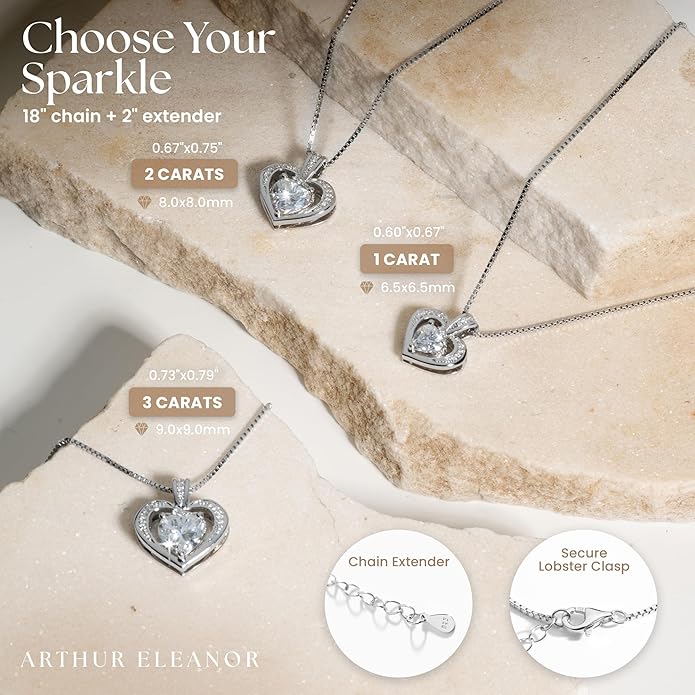Moissanite Heart Necklace - 925 Sterling Silver Necklaces for Women | Birthday Gifts for Women, Christmas Gifts for Her, Jewelry Gift for Wedding, Anniversary, Valentine's Day Gift for Wife