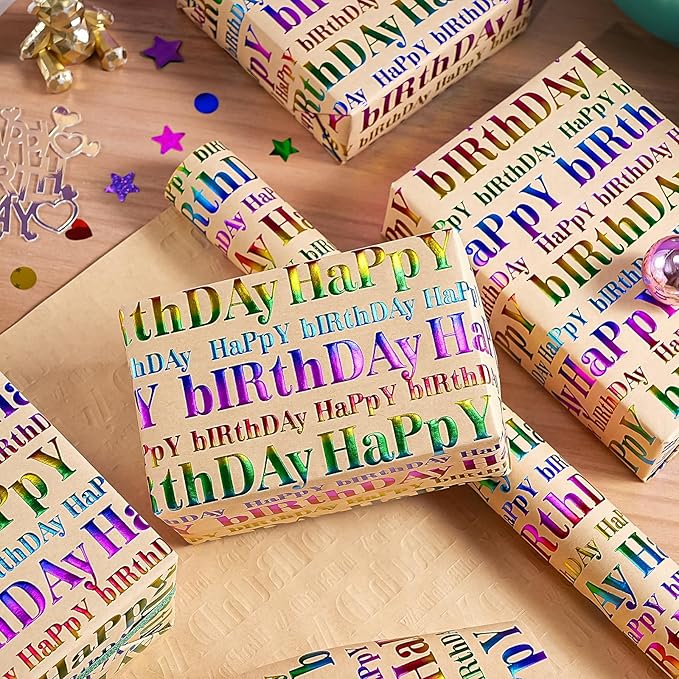 WRAPAHOLIC 3D Kraft Birthday Wrapping Paper Roll - Mini Roll - 17 Inch x 16.5 Feet - Brown and Colorful Foil Happy Birthday Wrapping Paper with Embossed for Kids Boy Girls, Baby Shower