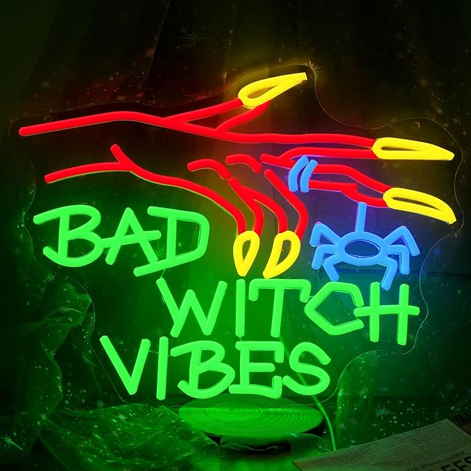 Bad Witch Halloween Neon Sign for Party Gothic Witch Hand Neon Light Scared Spider Light Up Sign for Halloween Christmas Bedroom Haunted Mansion House Club Witch fans(16.5 * 12.5in)