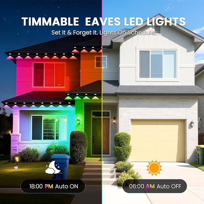 Permanent Outdoor Lights for House, 100 FT RGBIC all year house lights outdoor with Splitter & Bluetooth Remote, DIY via App for Music Sync, IP67 Waterproof Expandable LED Lights for Eaves, Lanai.