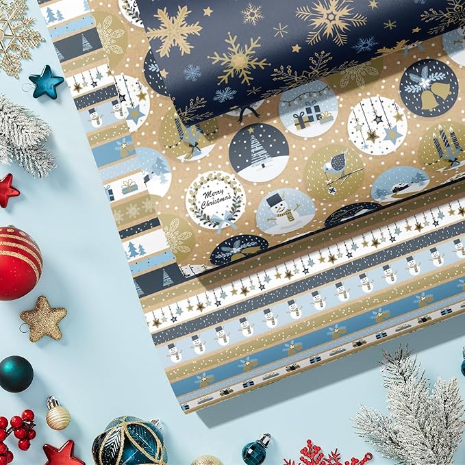 RUSPEPA Christmas Kraft Wrapping Paper Roll - Mini Roll - 17 inches x 10 feet per Roll, Total of 3 Rolls - Blue Snowman and Snowflake
