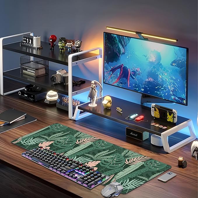 Tropical Plants and Leaves Desk Mat,Large Tropical Palm Leaves Gaming Keyboard Mouse Pad,Non-Slip Rubber Base Desk Pad Thick Stitched Edges Waterproof Mousepad Mouse Mat 31.5"x11.8"