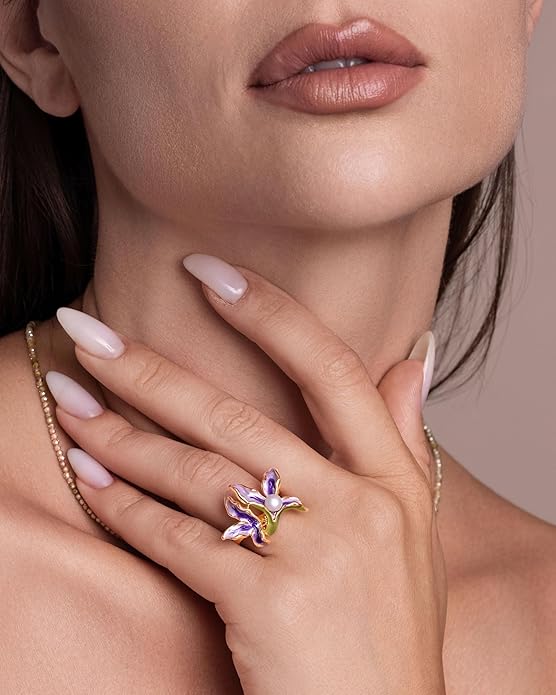 Gold Rose Pink Enamel Floral CZ FULLY ADJUSTABLE Statement Open Ring for Women by SNGIA, Daisy Orchid Flower Leaf Summer Beach Handmade Unique Pinky Band, Chunky Sunflower Stackable Cute Cuff Cocktail Ring Birthday Gift, Natural Bold Exaggerated Irregu...