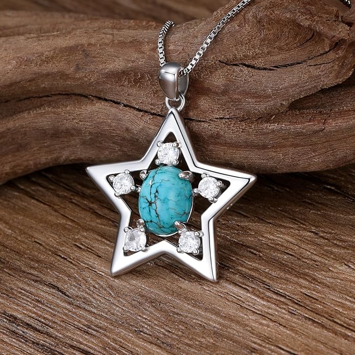 RMREWY Genuine Turquoise Star Pendant Necklace,925 Sterling Silver Native American Boho Western Pendant Real Gemstone Jewelry Birthdays Gift for Women Starry Sky Lover