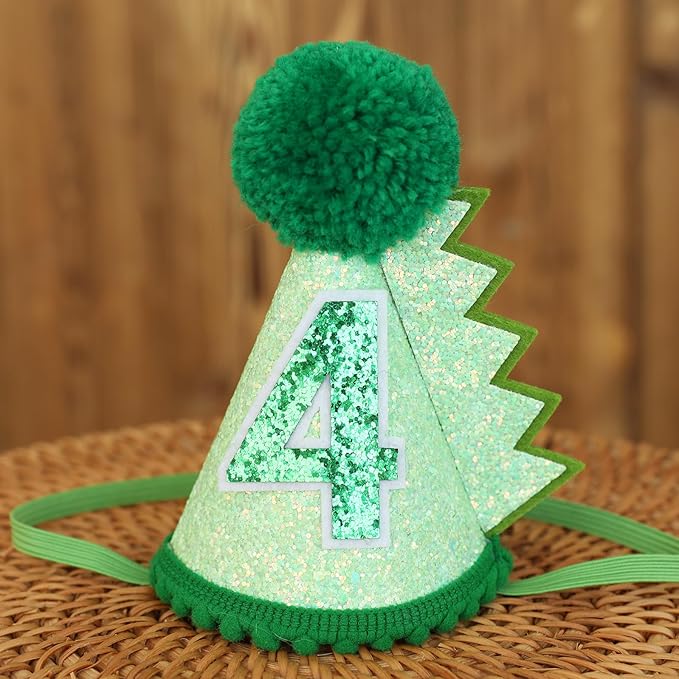 Green Glitter Dinosaur Birthday Cone Hat for 1-5 Years Old Kids Boys Dino Dinousour Birthday Hat Party Decoration