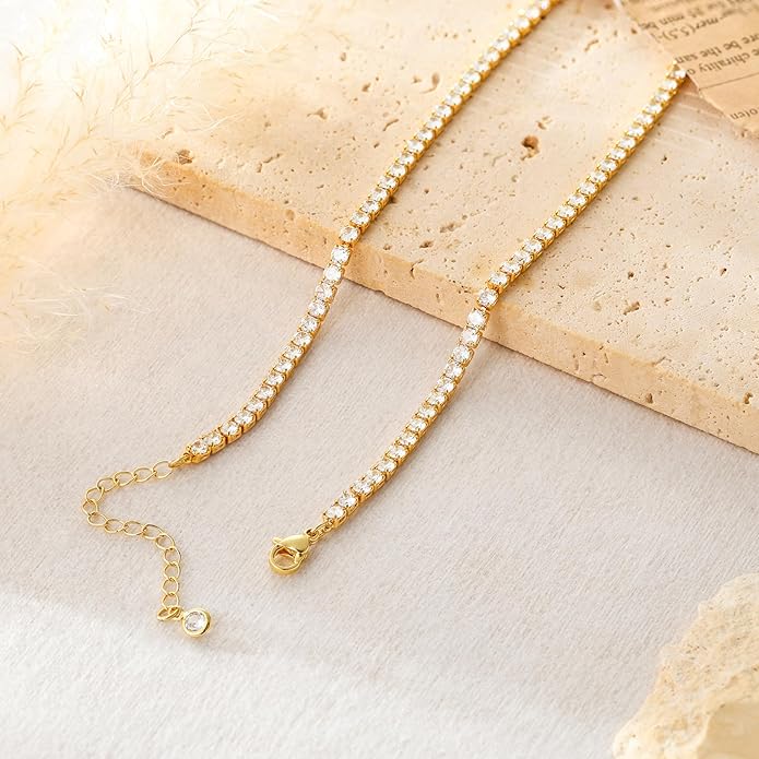 Tennis Necklace for Women, 14K Gold/Silver Plated Rhinestone Choker Necklace for Women, Dainty Cubic Zirconia Cut Faux Diamond Chain