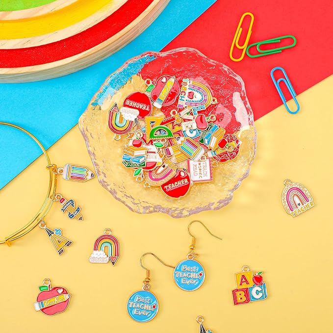 MARFOREVER Teacher Charms, 40Pcs/20 Pairs Student School Charms for Jewelry Making, Assorted Pencil Book Globe Enamel Charm Pendants for Bracelet Necklace Earrings Making Accessories