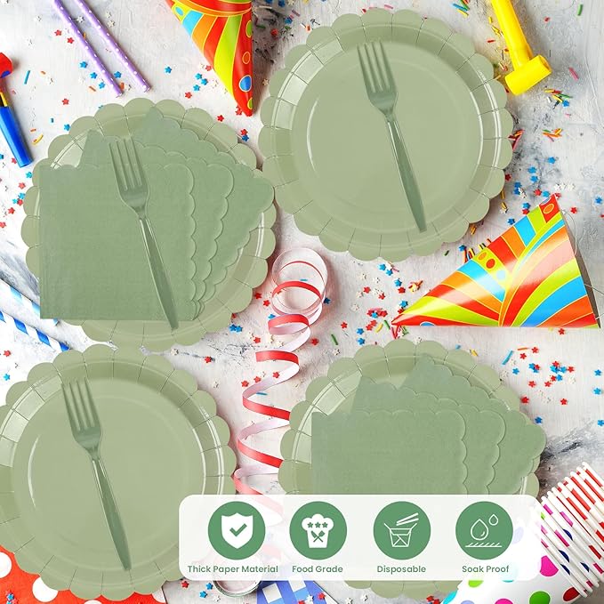 96PCS Sage Green Paper Plates and Napkins, 24 Guest Sage Green Disposable Tableware Set Include Scalloped Paper Plates Napkins and Forks Decoration Party Supplies for Baby Shower Wedding Birthday