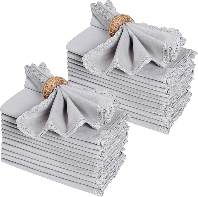 Ramanta Home Linen Flax Cloth Napkins Set of 24 | 18x18 Inch | Premium Cotton Linen Flax Lace Soft & Durable | Washable Ideal for Everyday Use Parties Thanksgiving Christmas Halloween Grey