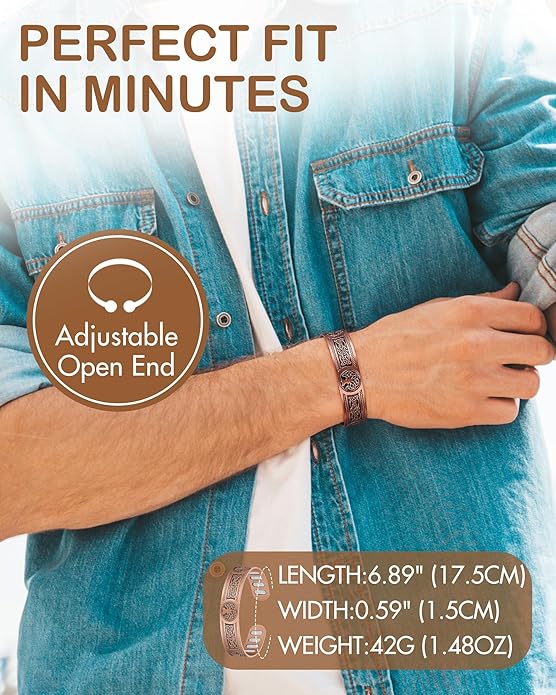 Feraco Copper Bracelet for Men, 5X Ultra Strength Magnetic Cuff Bangle with 5000 Gauss Neodymium Magnets, 99.99% Pure Copper Jewelry Gift, Adjustable