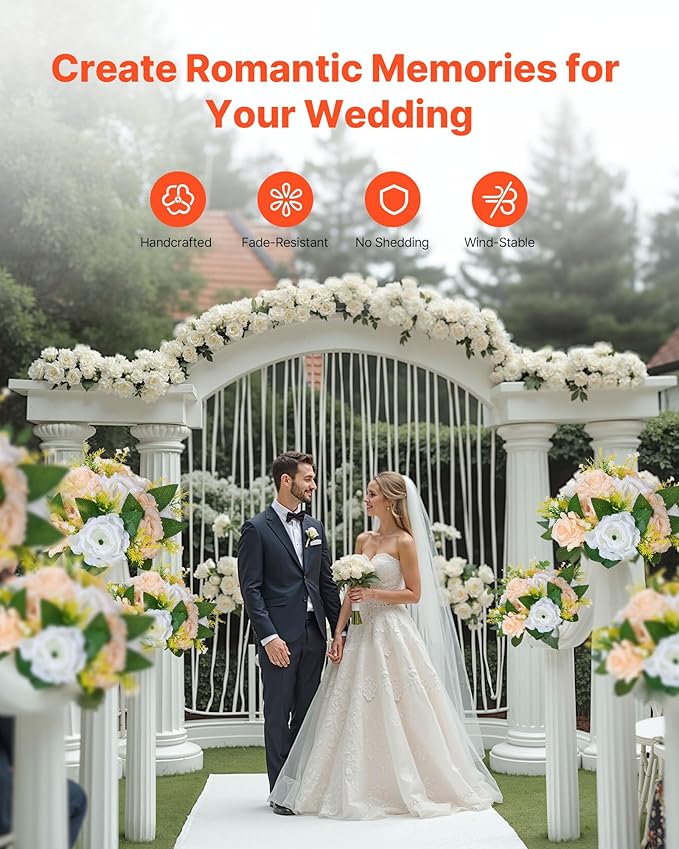 VEVOR Flower Ball Arrangement Bouquet 10 PCS, 9.5-Inch Diameter Artificial Flower Balls Wedding Table Centerpieces, Rose Arrangements for Wedding Centerpiece Home Decoration, Champagne & White Roses