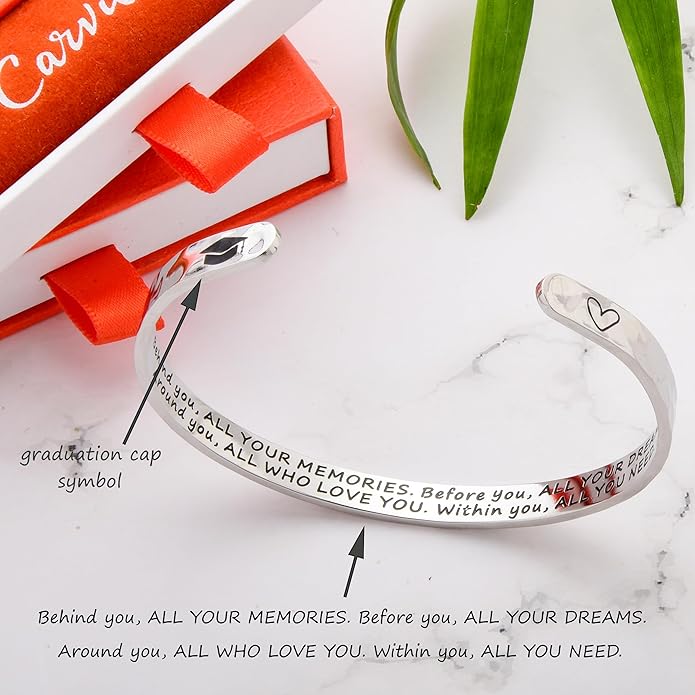 Carviell Engraved Cuff Bracelets for Women – Inspirational, Friendship, Love, Mom, Daughter, Sister, Christian, Graduation, Memorial & Wedding Gifts – 80+ Phrases – Stainless Steel, Gift-Ready
