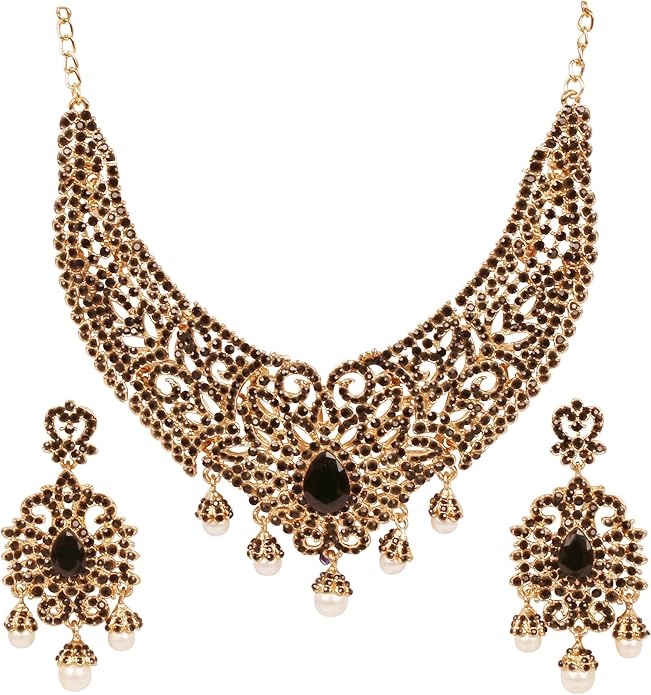 Touchstone Indian jewelry sets for women tikka wedding necklace costume guest statement bollywood rhinestones crystal faux pearls gold big royal neck piece set bridal fashion accessories