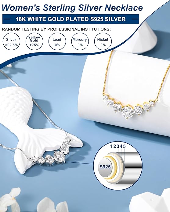 TUHE 7 Stones Moissanite Necklace for Women, 1.7-5.0 Carat Smile Moissanite Pendant Necklace 18k Gold Plated Sterling Silver 16.5+2.5 inch Box Chain Tennis Necklaces with Certificate of Authenticity