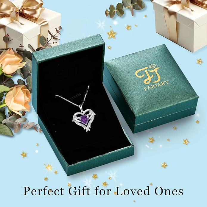 FJ Heart Angel Wings Pendant Necklace 925 Sterling Silver Birthstone Jewelry Gifts for Women
