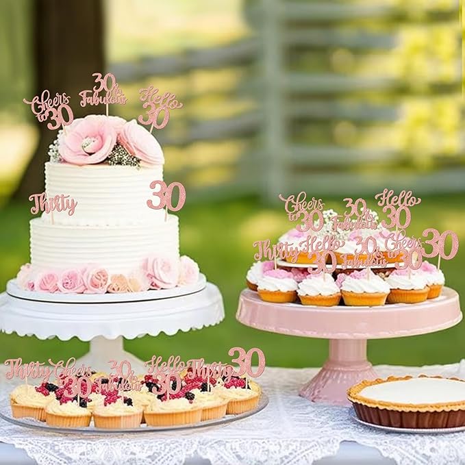 30PCS Happy 30th Birthday Cupcake Toppers Glitter Thirty Cheers to 30 Years Old Birthday Cupcake Picks Hello 30 Fabulous Cake Decorations for Happy 30th Birthday Anniversary Party Supplies Rose Gold