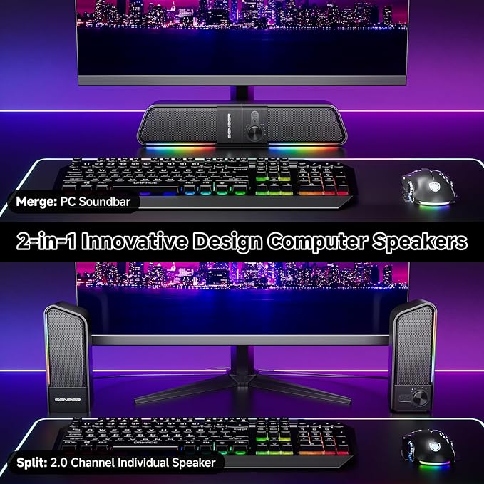 SENZER CS20 2 in 1 Bluetooth Computer Speakers for Desktop, USB Plug & Play Clear Sound PC Speakers with RGB Light, Monitor Sound Bar with Volume Knob, Gaming Speaker for PC Laptop Phone Tablet