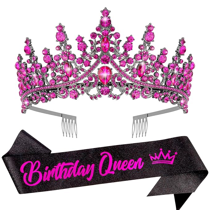 VELSCRUN Rose Pink Crystal Birthday Queen Tiara Crown for Women Girls Birthday Queen Headband Sash Elegant Princess Crown with Combs Mom Birth Hair Accessories Happy Birth Party Decorations