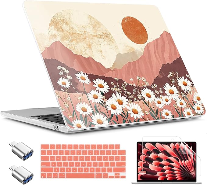 TWOLSKOO Compatible with M4 MacBook Air 15 inch Case 2025-2023 Released Model M4 A3241 M3 A3114 M2 A2941, Plastic Hard Shell & Screen Protector & Keyboard Cover & Type C Adapter, Mountains & Daisies