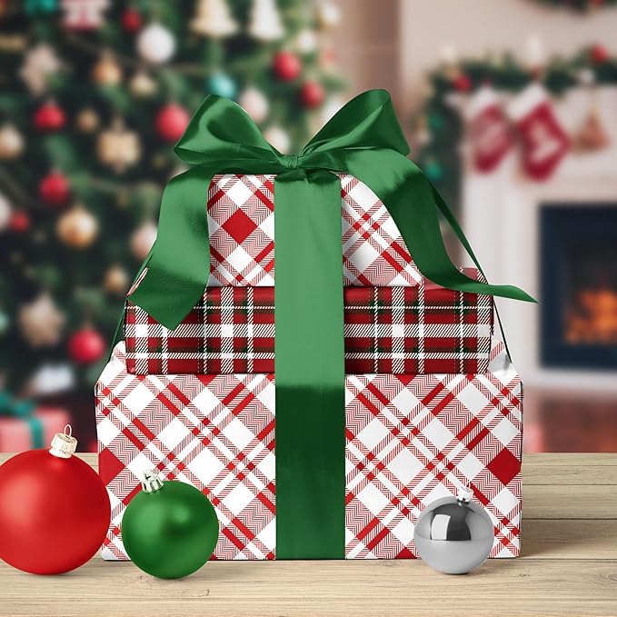 LaRibbons Reversible Christmas Wrapping Paper Roll, Classic Red & White Tartan Plaid Gift Wrap for Christmas, Holiday, Winter Party, 17 Inch x 33 Feet