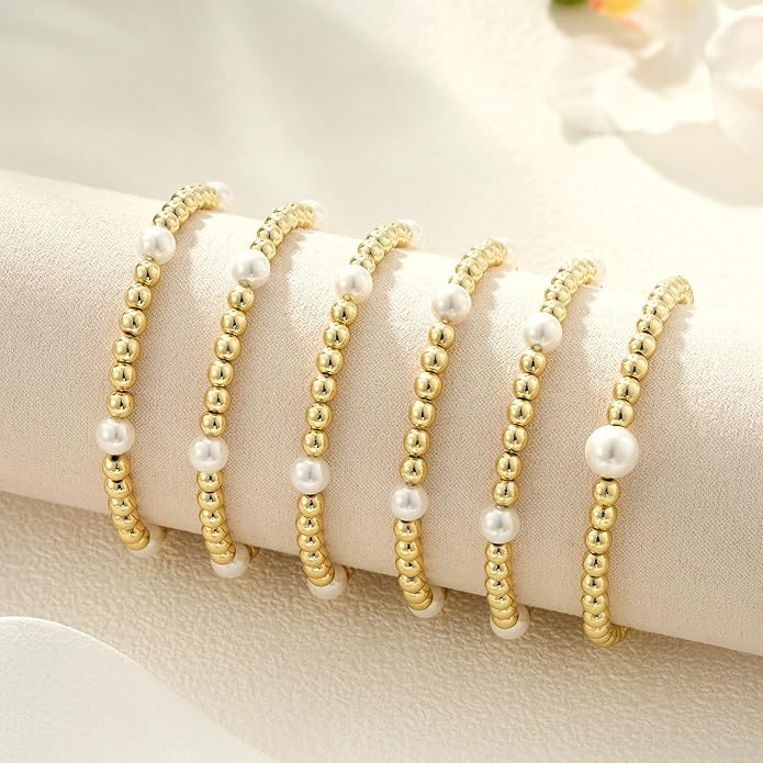 Gold Bead Bracelets for Women Girls - 14K Gold Plated Dainty Round Bead Ball Pearl Cross Bracelet Stack for Women Teenage Girls Stackable Jewelry Christmas Gifts