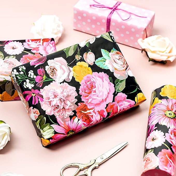 WRAPAHOLIC Reversible Floral Wrapping Paper - Mini Roll - 17 Inch X 33 Feet - Black Colorful Floral Design for Birthday, Mother's Day, Wedding, Baby Shower, Bridal Shower