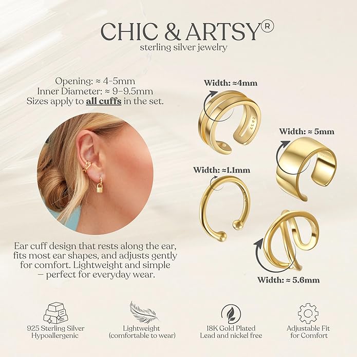 CHIC & ARTSY 925 Sterling Silver Ear Cuffs for Women, Non Piercing Clip On Cartilage Cuffs, Adjustable Fake Conch & Helix Earrings, Gold Plated & Oxidized Various Styles