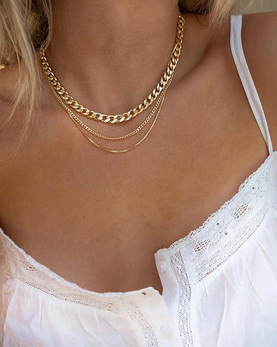 Gold Layered Necklaces for Women, 14K Gold Plated Dainty Gold Chain Choker Necklace Stack, Herringbone Gold Necklaces Set