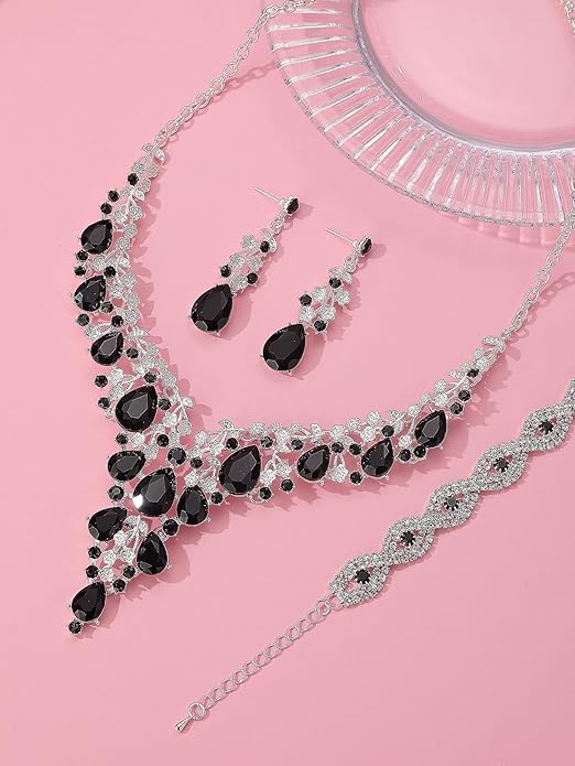 Wedding Bridal Bridesmaid Austrian Crystal Rhinestone Jewelry Sets Statement Choker Necklace Earrings Bracelets Sets for Wedding Party Prom
