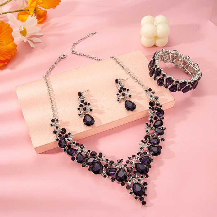 Elegant Bridal Wedding Jewelry Set for Women/Brides/Bridesmaids Teardrop Crystal Leaf Cluster Jewelry Set for Wedding Prom Party Bridal Bridesmaids Rhinestone Crystal Necklace Earrings Bracelet Set