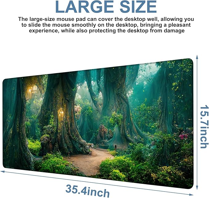 Gaming Desk Pad Large Extra Length Mysterious Forest Mouse Pad Keyboard Laptop Non-Slip Waterproof with Rubber Base Thick Stitched Edge Mouse Mat for Office Home 35.4 x 15.7 Inches