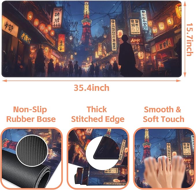 Mouse Pad Large Bustling Street in Tokyo Non-Slip Gaming Desk Mat with Stitched Edge Laptop Keyboard Desk Pad for Work Home Gaming (35.4 x 15.7 Inches)