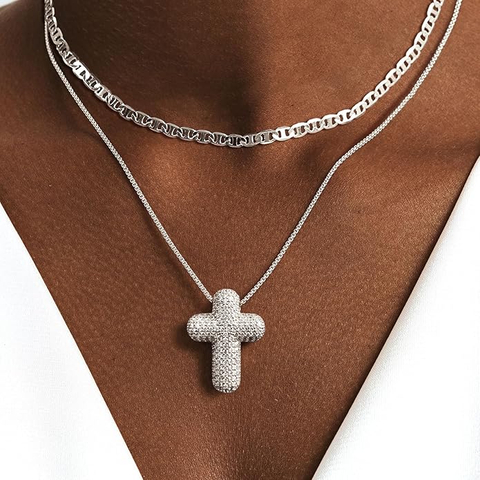 OGD Bubble Cross Necklace for Women 14k Gold Plated Cross Necklace Stackable Dainty Gold Necklace Mariner Chain Necklace CZ Cross Pendant Necklaces Set Simple Jewelry Gift
