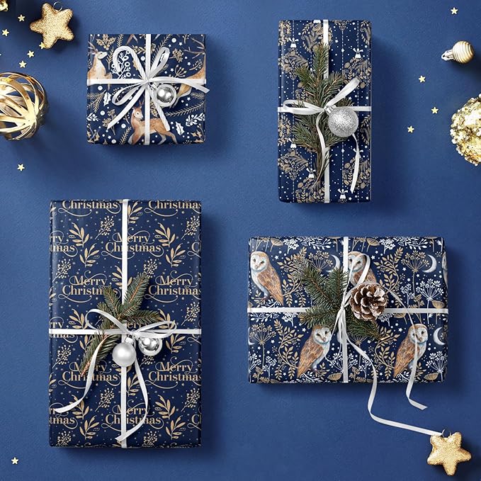 RUSPEPA Christmas Kraft Wrapping Paper Roll - Blue Owl, Reindeer, Christmas Ball and Text Design - 17 inches x 10 feet per Roll, Total of 4 Rolls