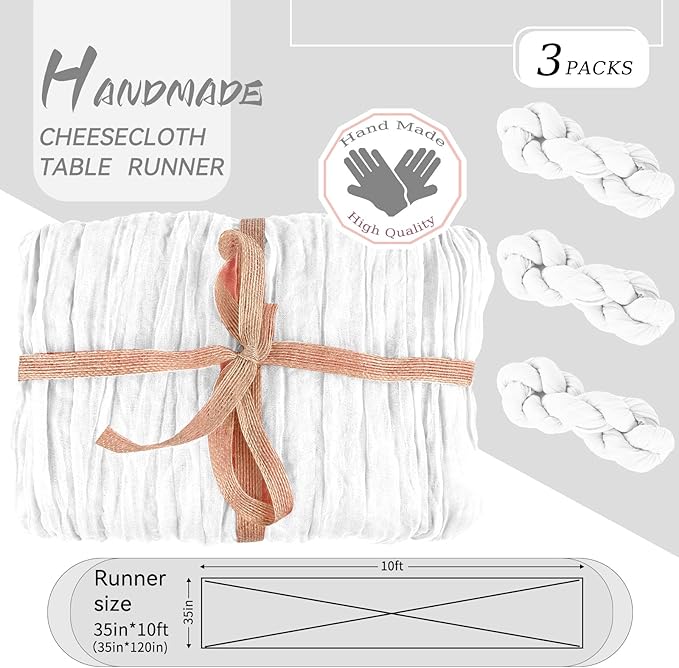 3 Packs White Cheesecloth Table Runner, 10Ft x 35" Rustic Gauze Boho Wedding Table Runner Decoration, Wedding Table Decor Table Cloth for Wedding Party Bridal Shower Table