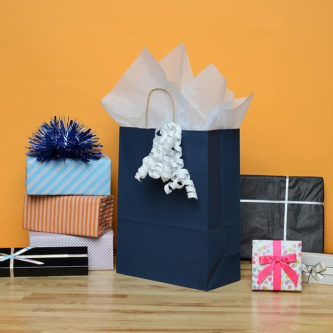 Prime Line Packaging Paper Gift Bags, Navy Blue Gift Bags with Handles, Medium Shopping Bags for Small Business, Retail, Boutiques, Graduation, Bulk, 10x5x13, 50 Pack