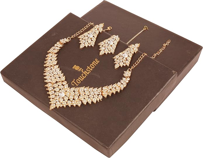Touchstone Indian Bollywood Tinsel Town Traditional Western Taste Studded Diamond Look Rhinestones Designer Bridal Jewelry Necklace Set for Women
