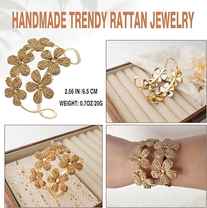Raffia Flower Cuff Bangle Bracelet for Women, Adjustable Boho Floral Wide Open Bangle for Summer Beach, Handmade Trendy Rattan Jewelry