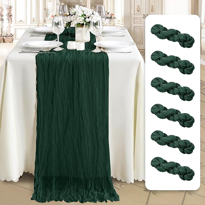 Cheesecloth Table Runner 6 Pack – 35x120 Inch (10ft) Boho Rustic Gauze Cloth Runners – Crinkle Polyester Table Decor for Wedding, Baby Shower, Bridal Shower, Birthday Party and More (Emerald Green)