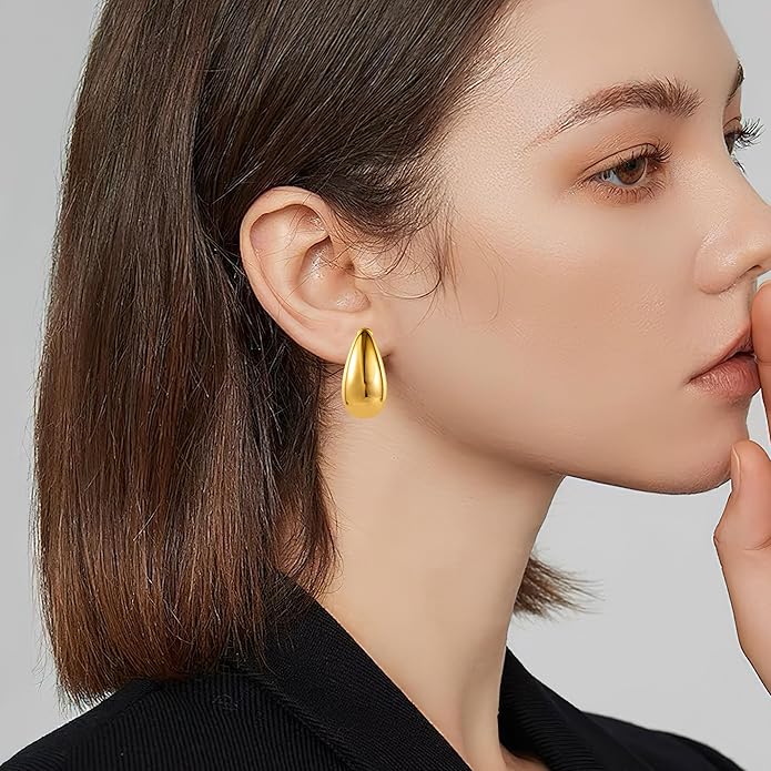 Teardrop Clip On Earrings Dupes Earring for Women Chunky Hoop Earrings Hypoallergenic Lightweight Dangle Water Drop Earring Set for Women