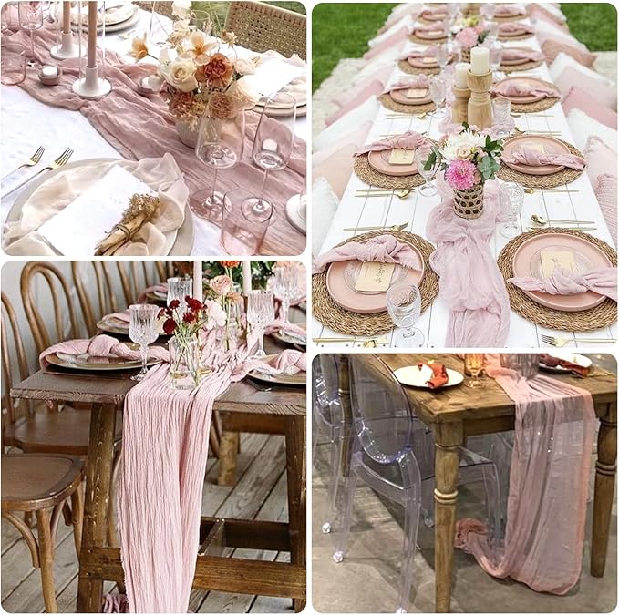 RestfulGlow12 Pack Dusty Pink Cheesecloth Table Runner 10FT Boho Gauze Fabric Table Runner 35 x 120 Inch Rustic Sheer Runner for Centerpiece Wedding Birthday Baby Shower Party Boho Table Decoration