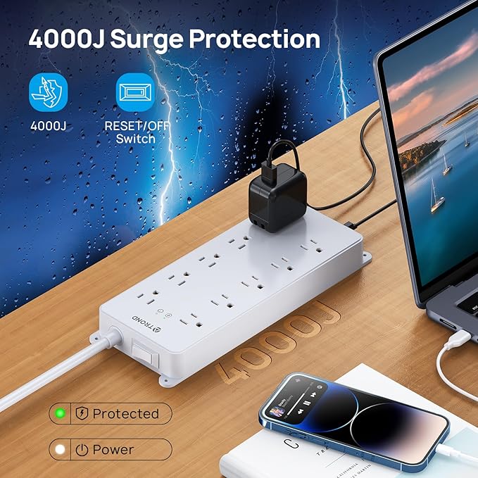 TROND Surge Protector Power Strip, 4000J, ETL Listed, 10 Widely Spaced Outlets, 2 USB C and 2 USB A Ports, Flat Plug 5ft Extension Cord, Wall Mountable, Under Desk Power Strip for Home Office, White
