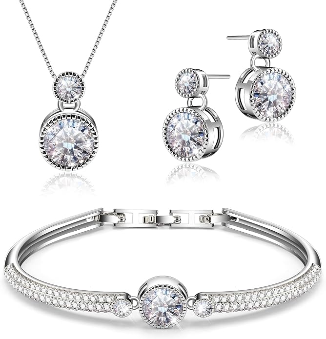 Ocean’s Promise Women Pendant Necklace Bracelet and Earring Jewelry Set 18K White Gold Plated with Crystal Gift for Women