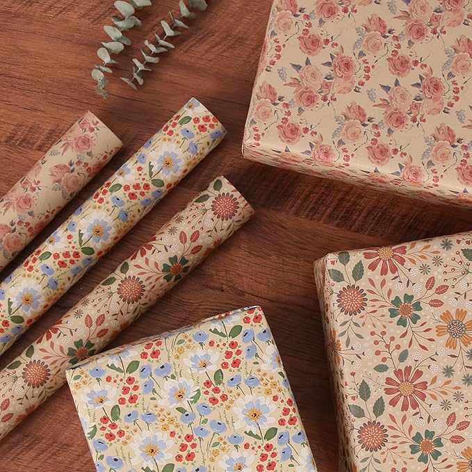 Aimyoo Kraft Floral Wrapping Paper Bundle, Vintage Spring Flowers Rose Gift Wrap Paper for Wedding Bridal Shower Birthday, 3 Rolls 17 in x 12 ft per Roll