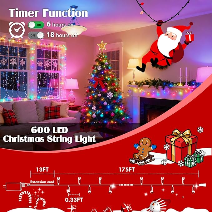 188FT 600LED Smart Color Changing Christmas String Lights Outdoor | App Control RGB LED String Lights with Remote & Timer, Waterproof Twinkle Christmas Tree Lights Indoor for Holiday Xmas Decor