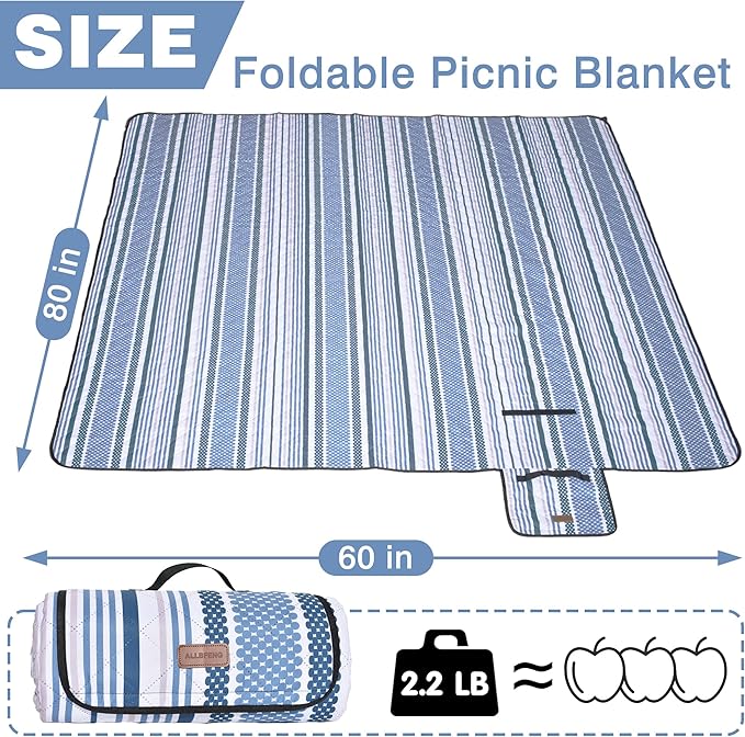 Oversized Waterproof Picnic Mat, Dustproof Washable Outdoor Beach Mat. Suitable for Camping, Outdoor, Beach, Party and Concert (Dark Blue & Light Blue, 80" x 60")