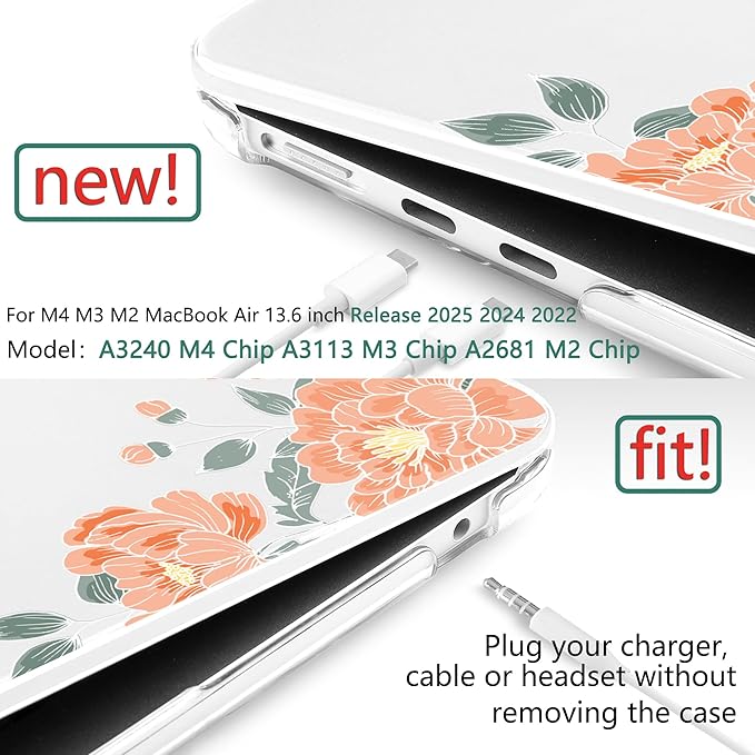 TWOLSKOO Compatible with M4 MacBook Air 13.6 inch Case 2025-2022 Release M4 A3240 M3 A3113 M2 A2681, Plastic Hard Shell & Keyboard Cover & Type C Adapter & Screen Protector, Vintage Roses