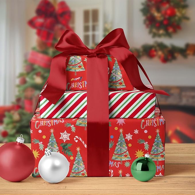 LaRibbons Reversible Christmas Wrapping Paper Roll, Classic Christmas Tree Design with Candy Canes & Snowflakes, Red Holiday Gift Wrap Paper for Xmas, Season Party Celebration, 17 Inch X 33 Feet