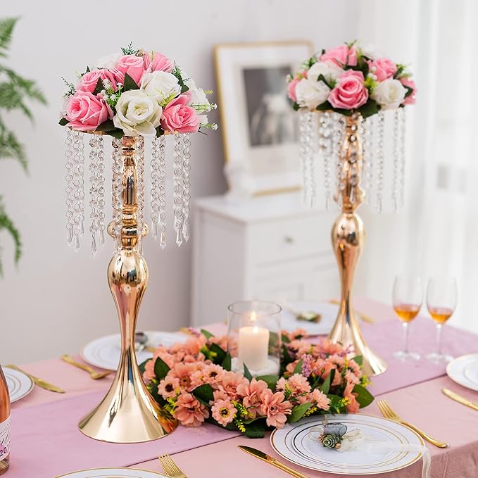 Gold Vases for Centerpieces, 10 Pcs 21.3in Crystal Flower Arrangement Stand, Wedding Centerpieces for Tables, Tall Metal Flower Vase Holders for Wedding, Event, Reception, Birthday, Home Decor