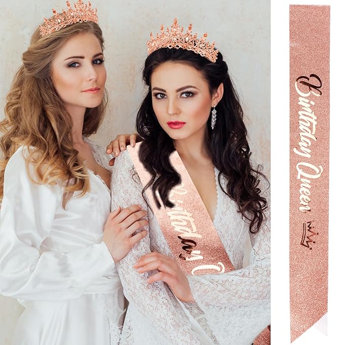 Velscrun Rose Gold Crystal Birthday Queen Tiara Crown for Women Girls Birthday Queen Headband Sash Elegant Princess Crown with Combs Hair Accessories Happy Birth Party Decorations Mom Birth Gift